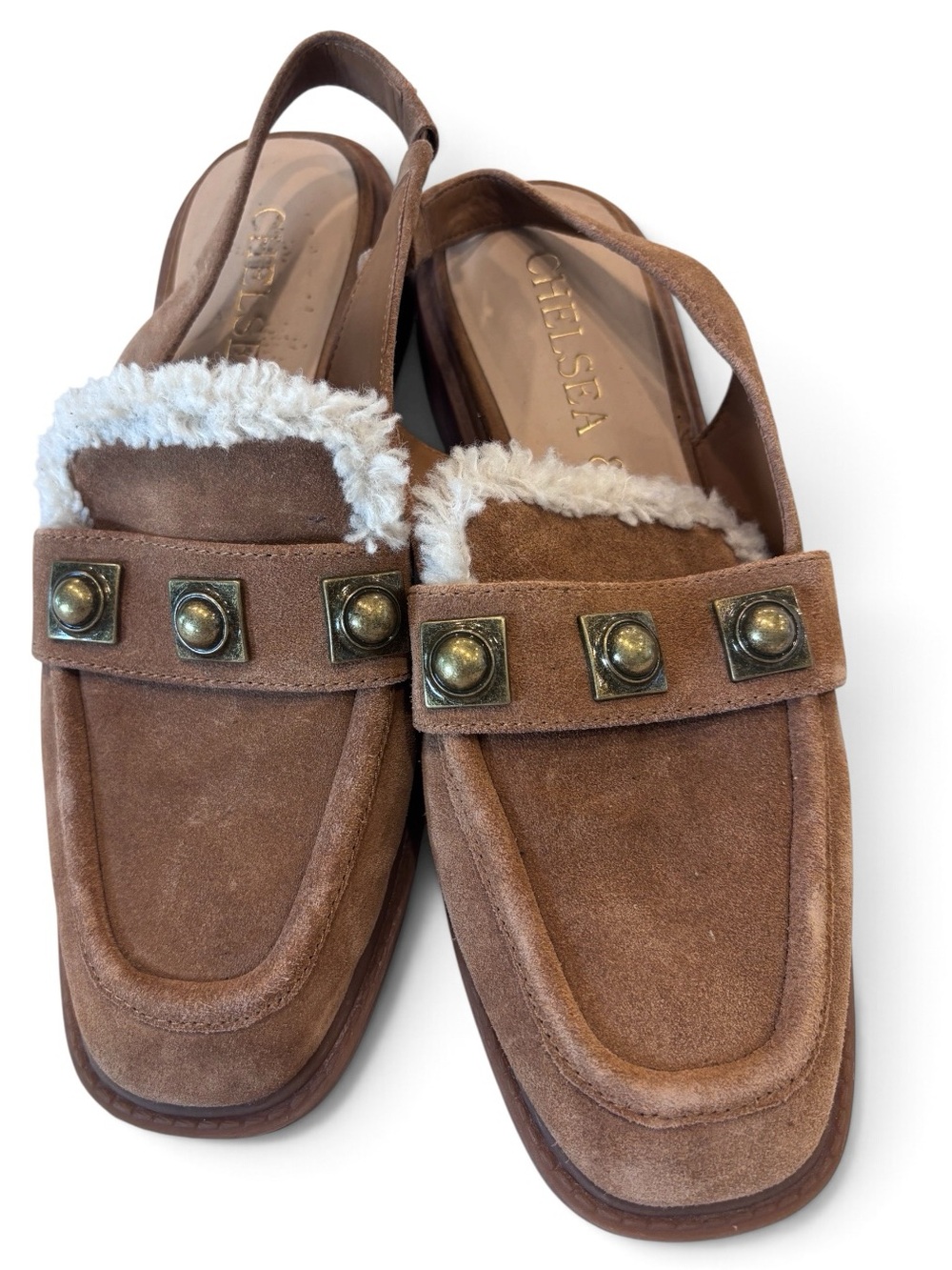 Chelsea & Violet Tan Suede Slingback Loafers with Shearling Trim